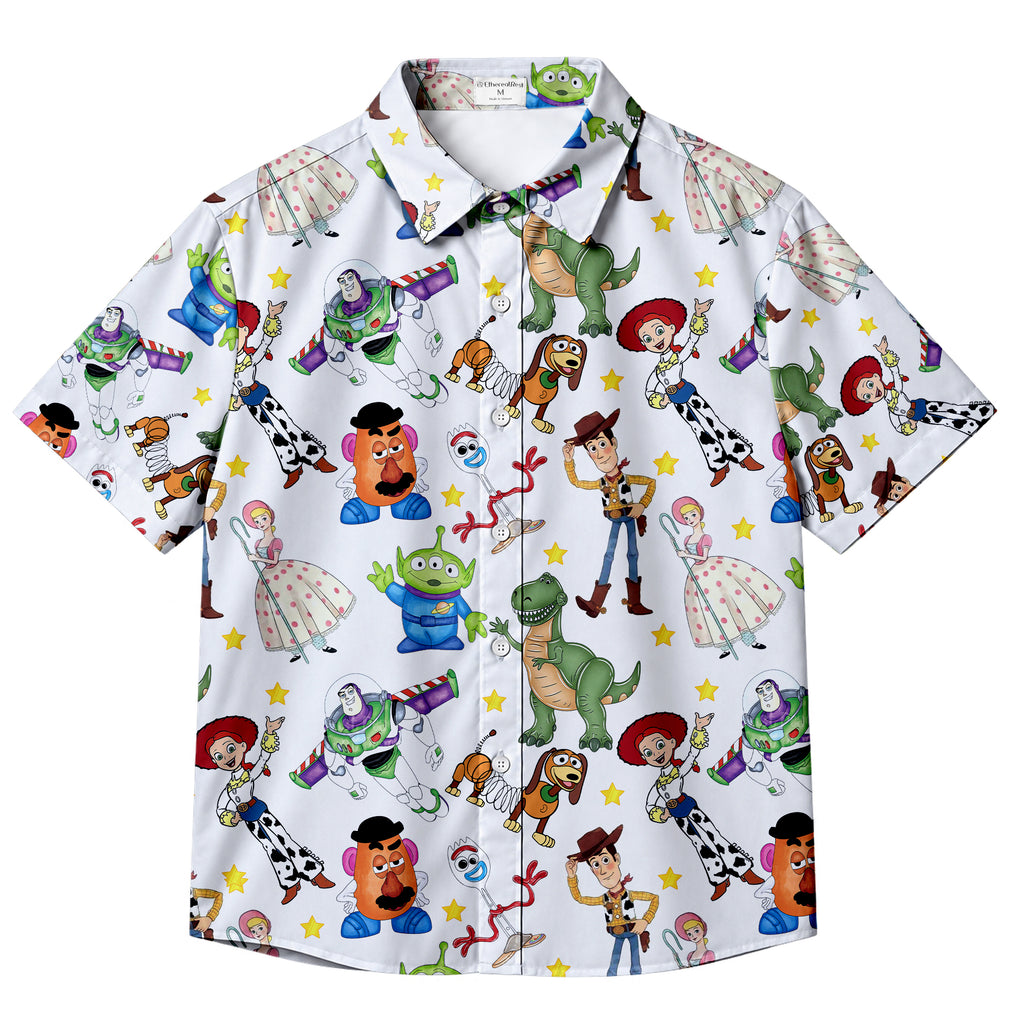 Disney Pixar Toy Story Woody Buzz Jessie Character Pattern Short Sleeve Button-Up Shirt