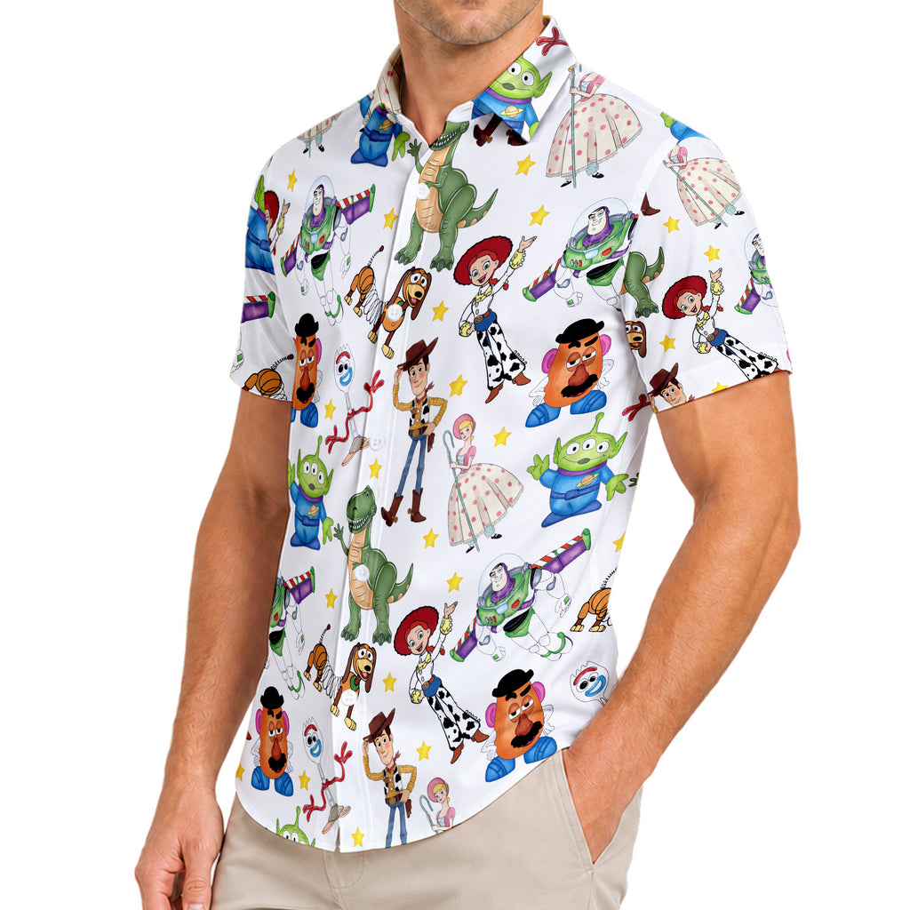 Disney Pixar Toy Story Woody Buzz Jessie Character Pattern Short Sleeve Button-Up Shirt