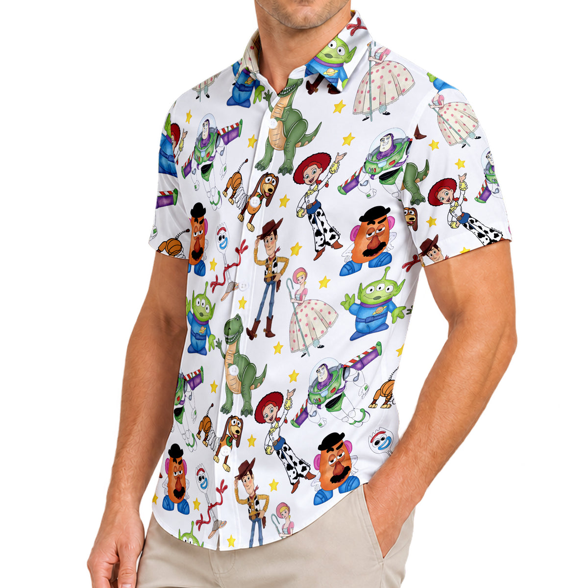 Disney Pixar Toy Story Woody Buzz Jessie Character Pattern Short Sleeve Button-Up Shirt