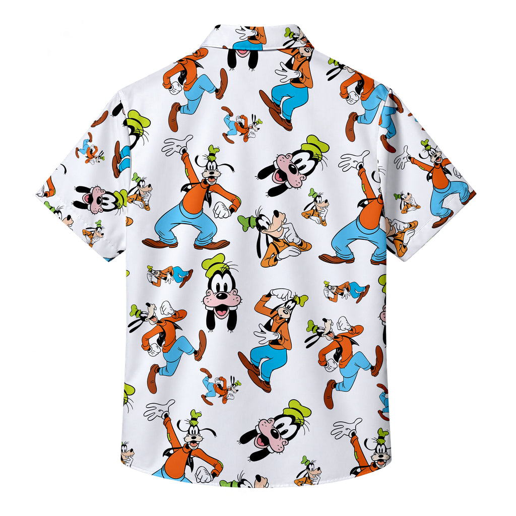 White Disney Goofy Cartoon Character Pattern Short Sleeve Button-Up Shirt