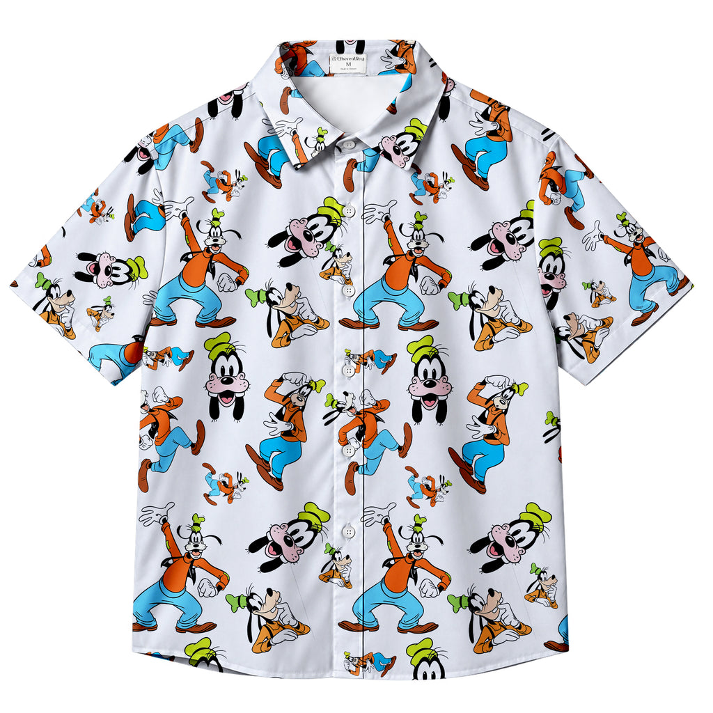 White Disney Goofy Cartoon Character Pattern Short Sleeve Button-Up Shirt