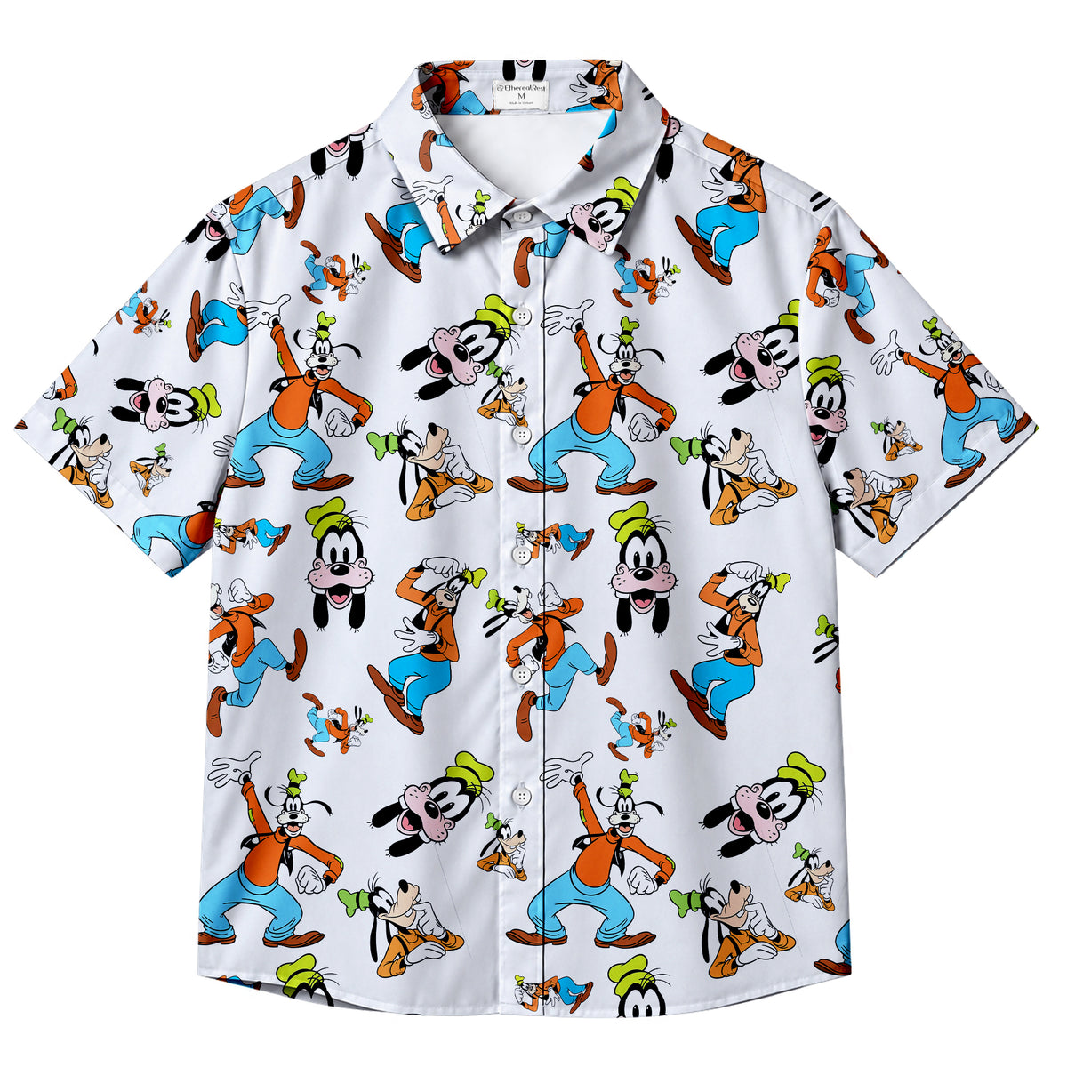 White Disney Goofy Cartoon Character Pattern Short Sleeve Button-Up Shirt