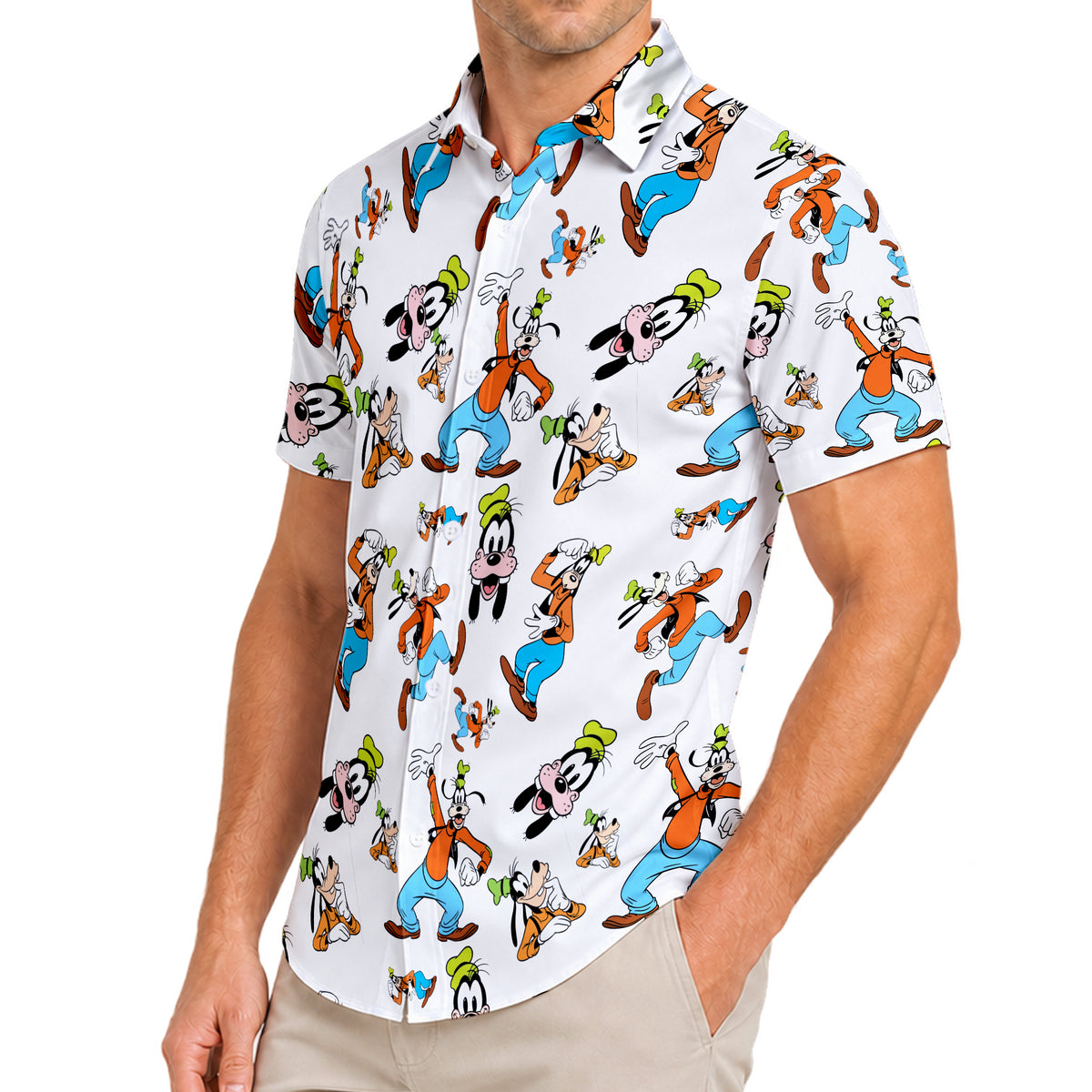 White Disney Goofy Cartoon Character Pattern Short Sleeve Button-Up Shirt