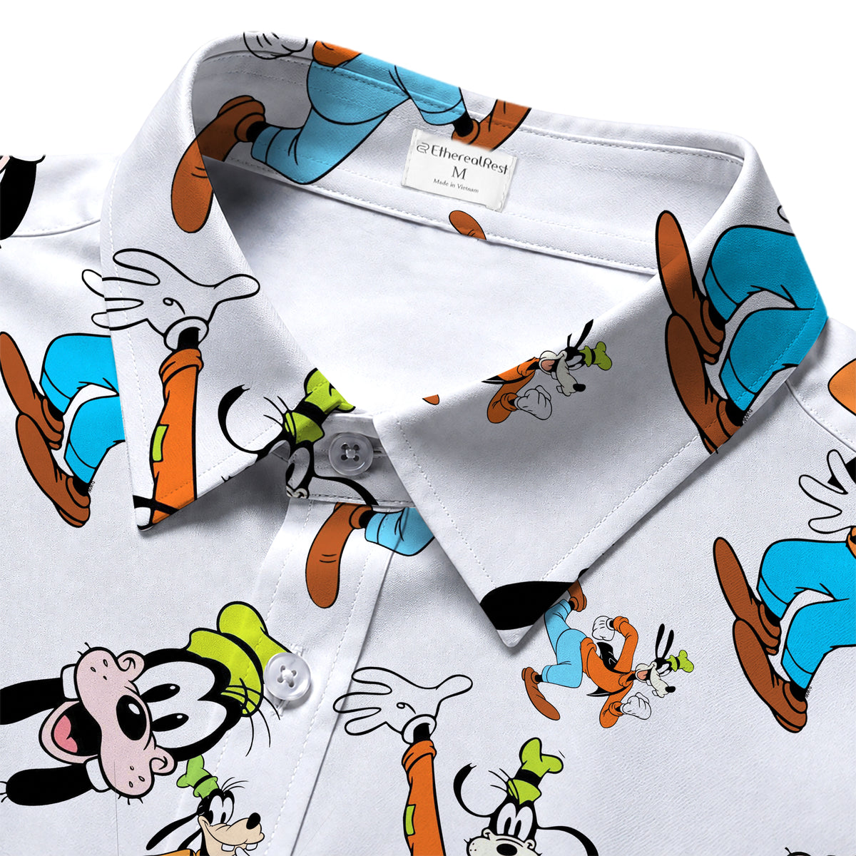 White Disney Goofy Cartoon Character Pattern Short Sleeve Button-Up Shirt
