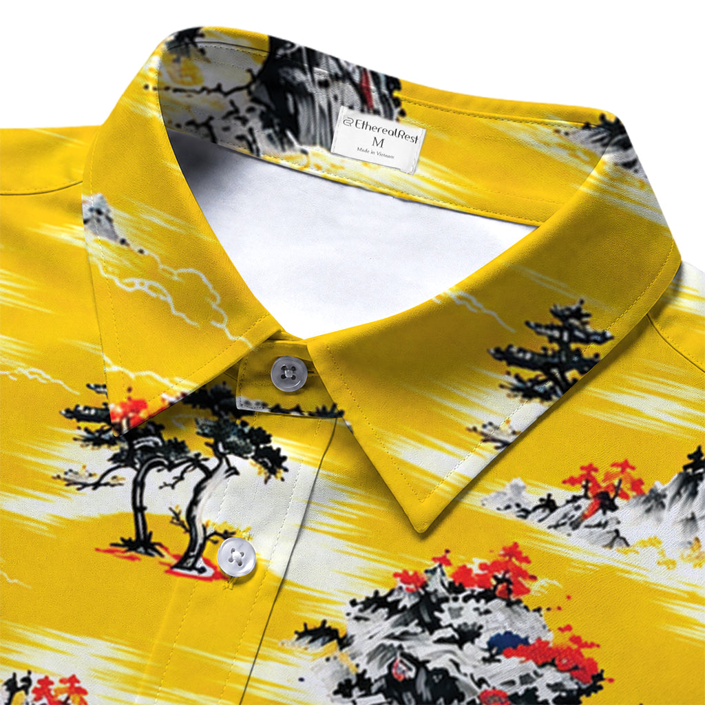 Japanese Mountain Pine Landscape Pattern Short Sleeve Button-Up Shirt