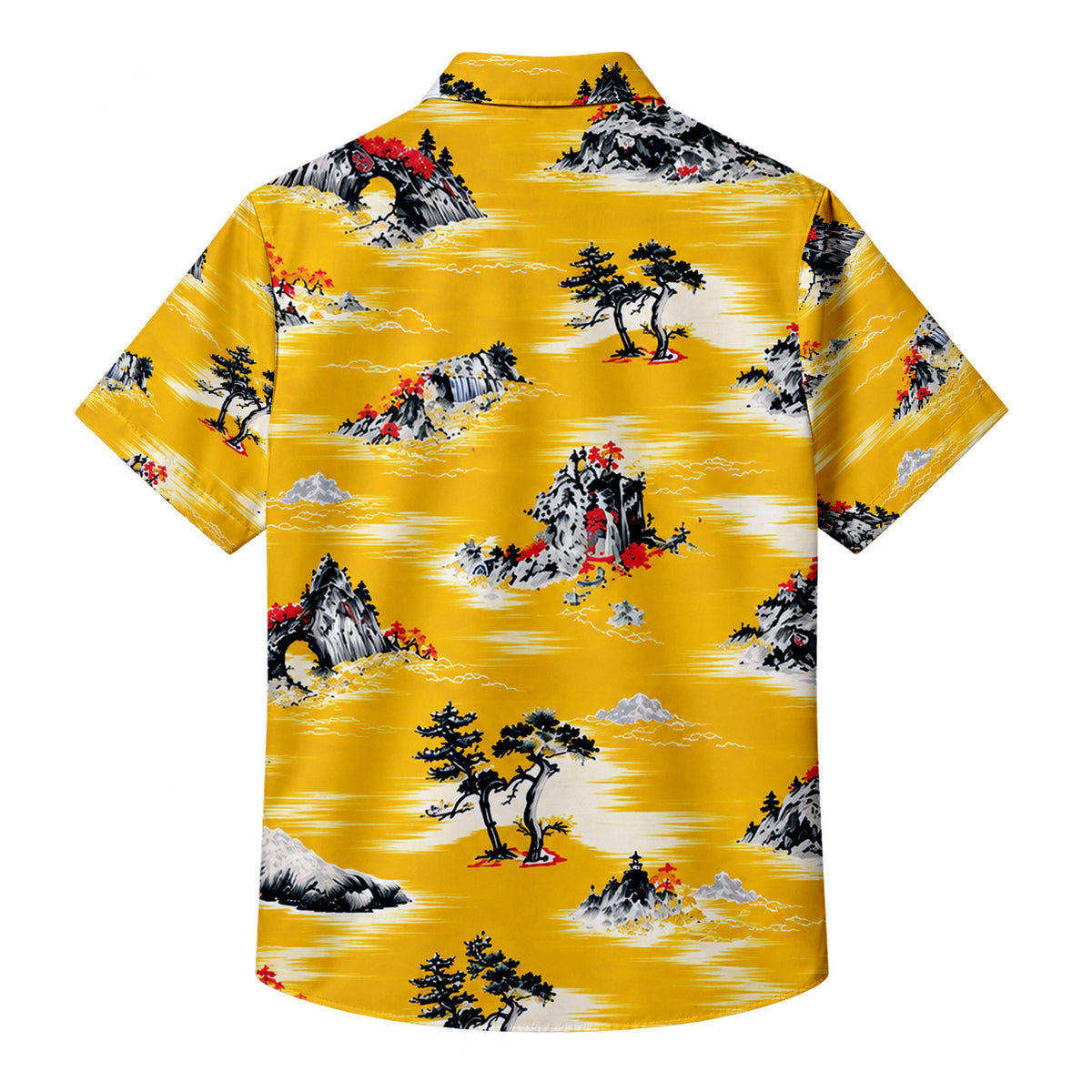 Japanese Mountain Pine Landscape Pattern Short Sleeve Button-Up Shirt