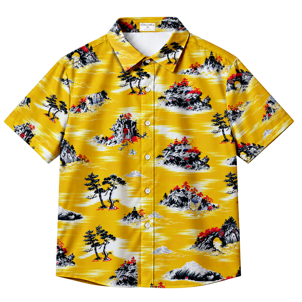 Japanese Mountain Pine Landscape Pattern Short Sleeve Button-Up Shirt