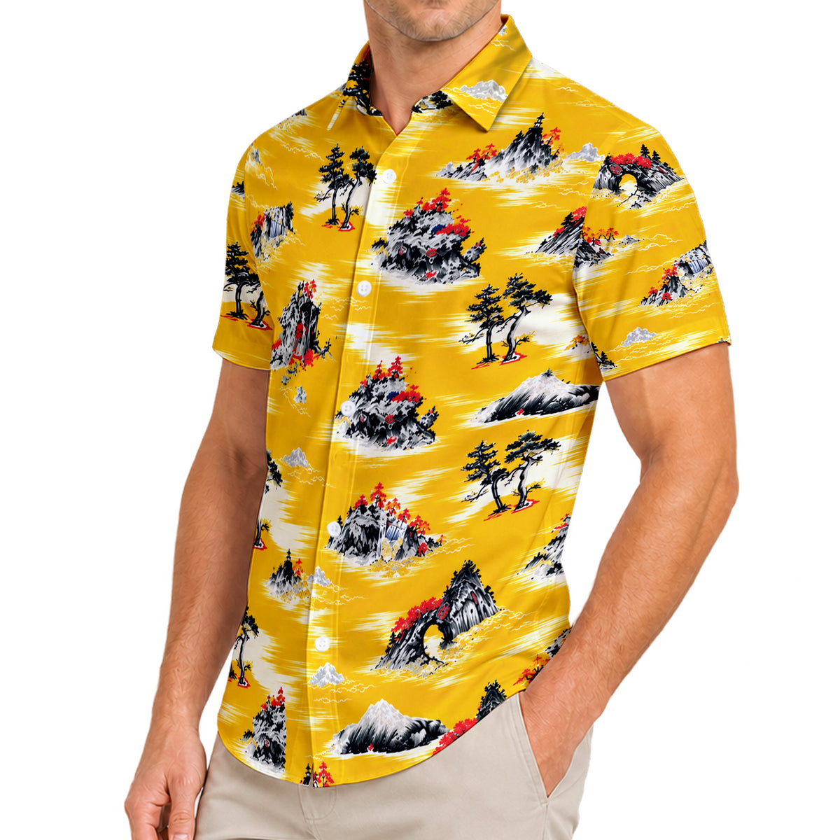 Japanese Mountain Pine Landscape Pattern Short Sleeve Button-Up Shirt