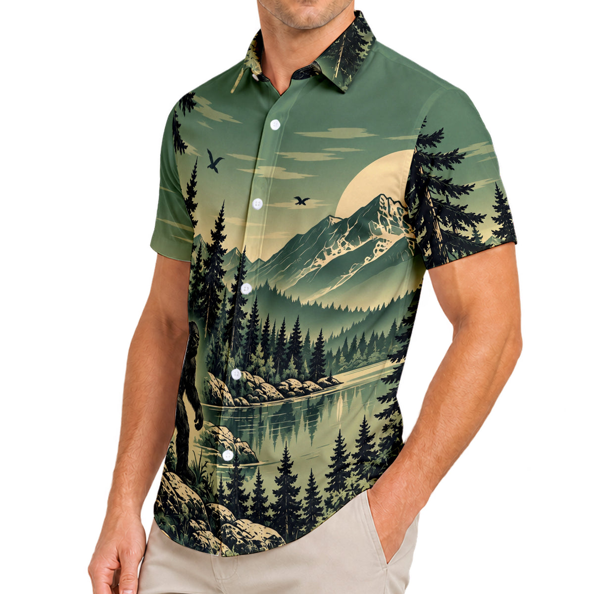 Bigfoot Sasquatch Forest Mountain Lake Landscape Short Sleeve Button-Up Shirt