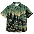 Bigfoot Sasquatch Forest Mountain Lake Landscape Short Sleeve Button-Up Shirt