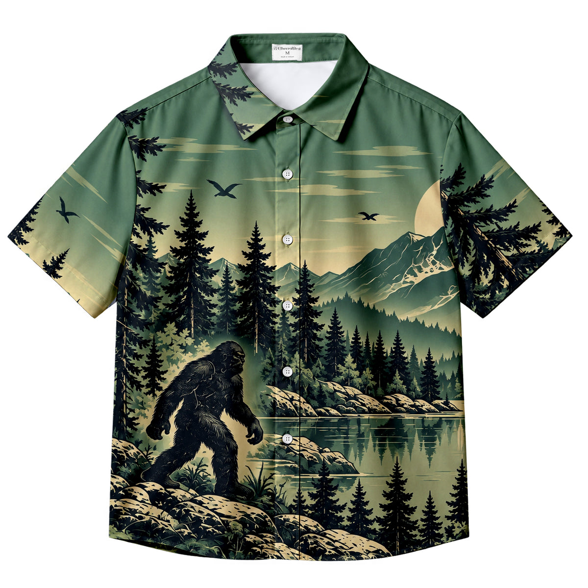 Bigfoot Sasquatch Forest Mountain Lake Landscape Short Sleeve Button-Up Shirt