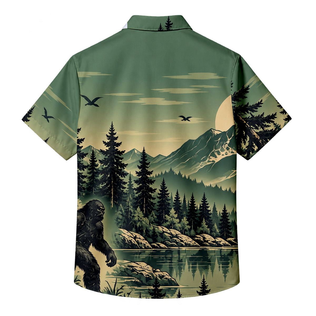 Bigfoot Sasquatch Forest Mountain Lake Landscape Short Sleeve Button-Up Shirt