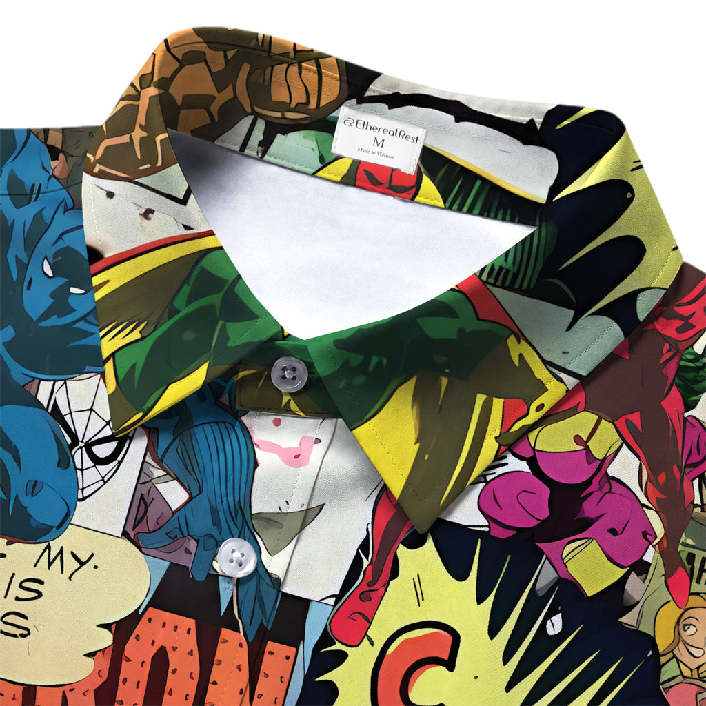 Multicolor Marvel Comic Superhero Collage Pattern Short Sleeve Button-Up Shirt