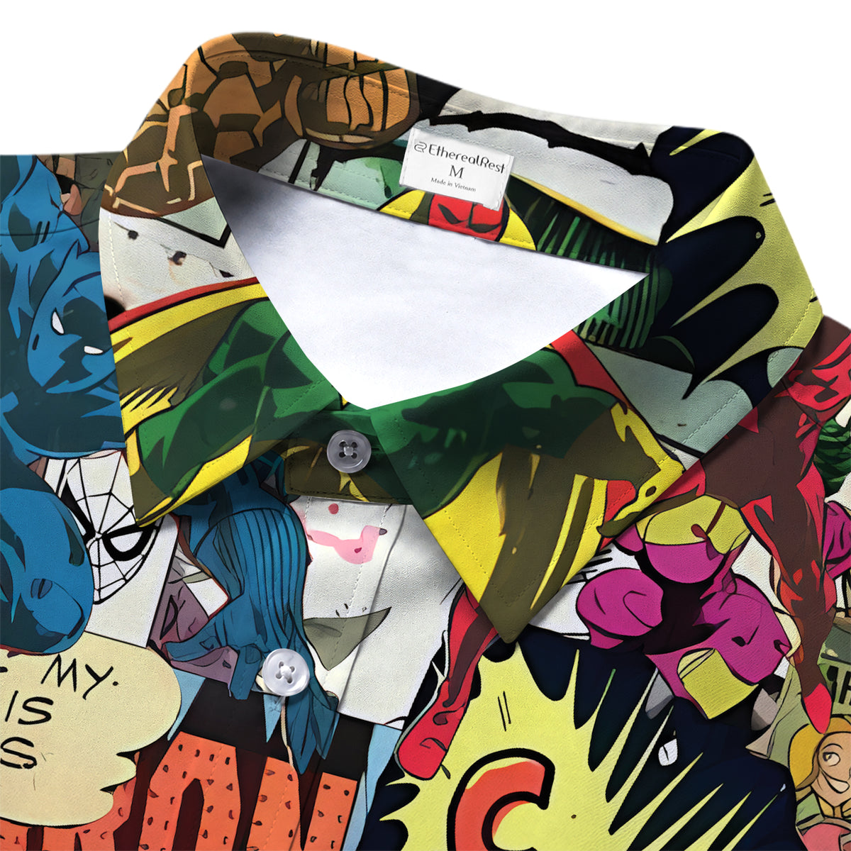 Multicolor Marvel Comic Superhero Collage Pattern Short Sleeve Button-Up Shirt