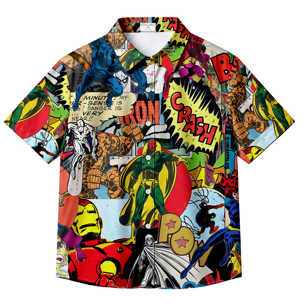 Multicolor Marvel Comic Superhero Collage Pattern Short Sleeve Button-Up Shirt