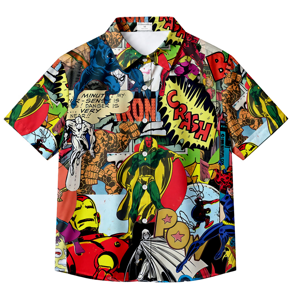 Multicolor Marvel Comic Superhero Collage Pattern Short Sleeve Button-Up Shirt