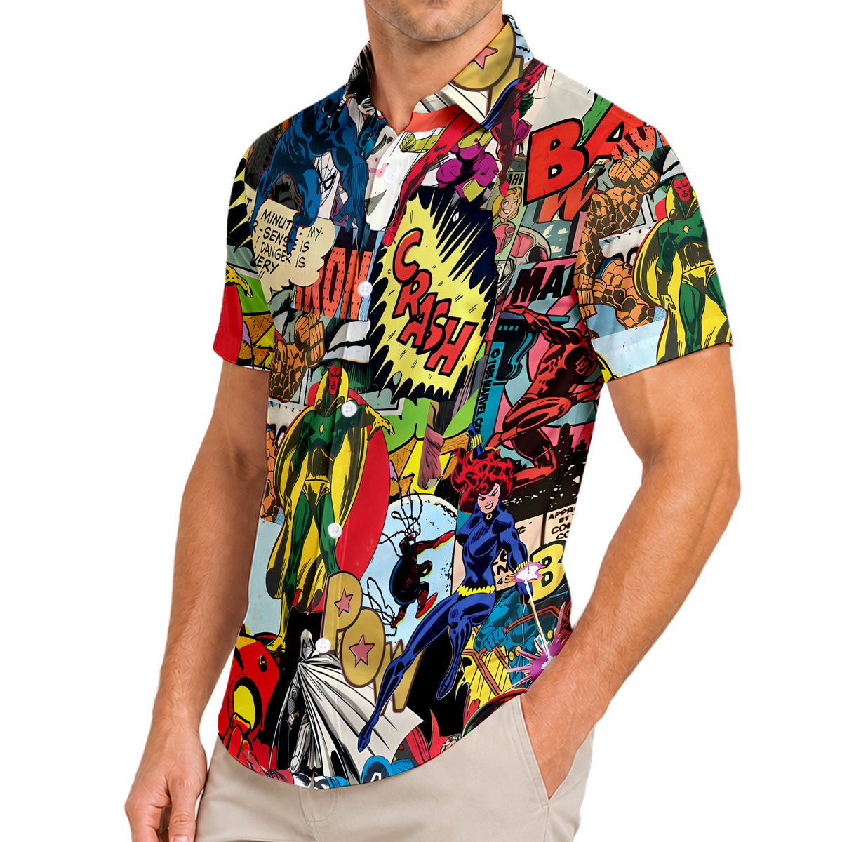 Multicolor Marvel Comic Superhero Collage Pattern Short Sleeve Button-Up Shirt