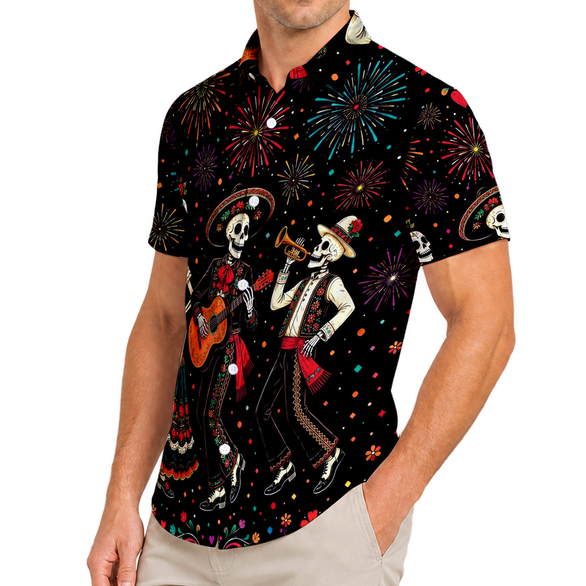 Day of the Dead Skeleton Mariachi Fiesta Pattern Short Sleeve Button-Up Shirt