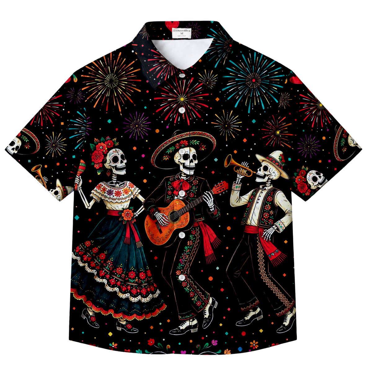 Day of the Dead Skeleton Mariachi Fiesta Pattern Short Sleeve Button-Up Shirt