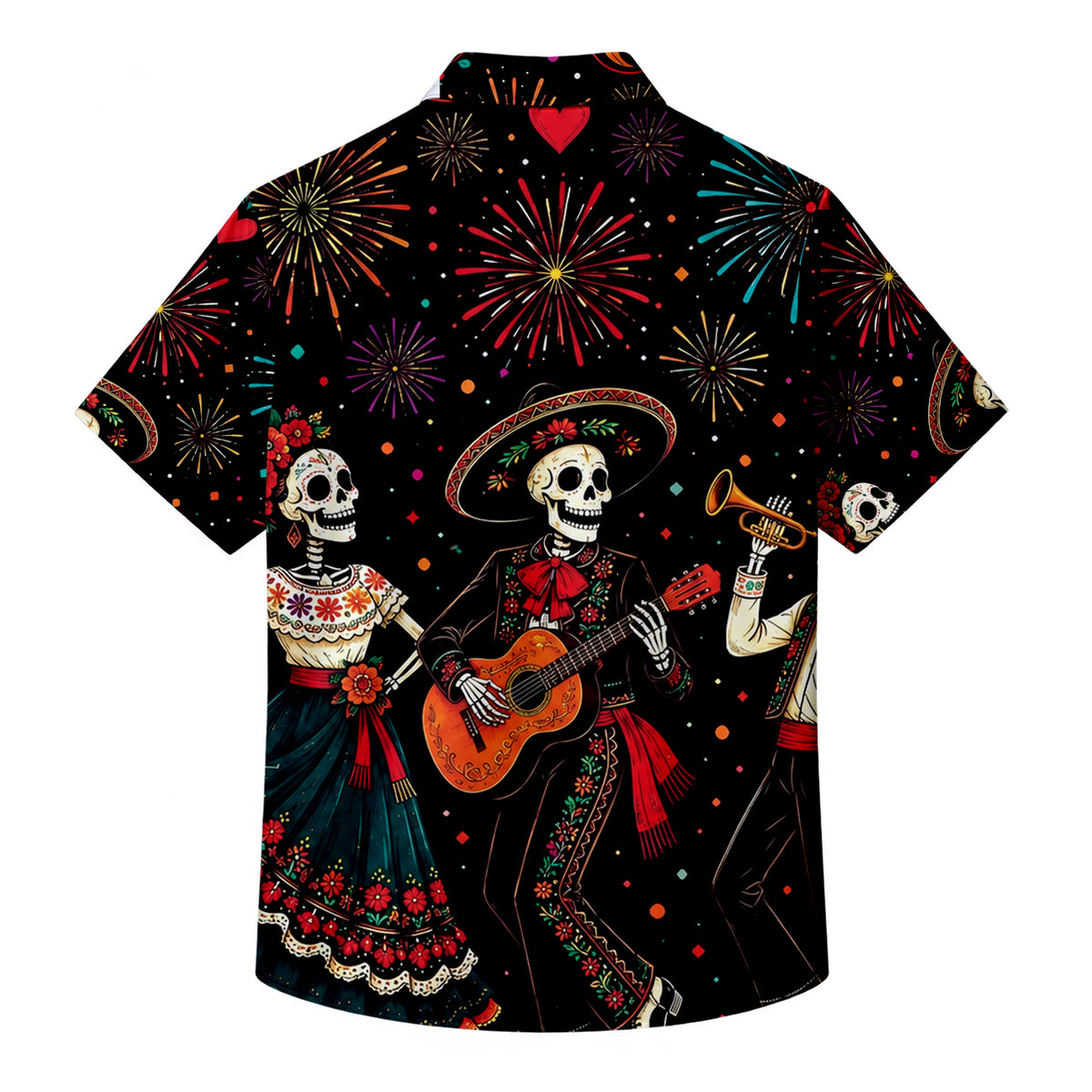 Day of the Dead Skeleton Mariachi Fiesta Pattern Short Sleeve Button-Up Shirt