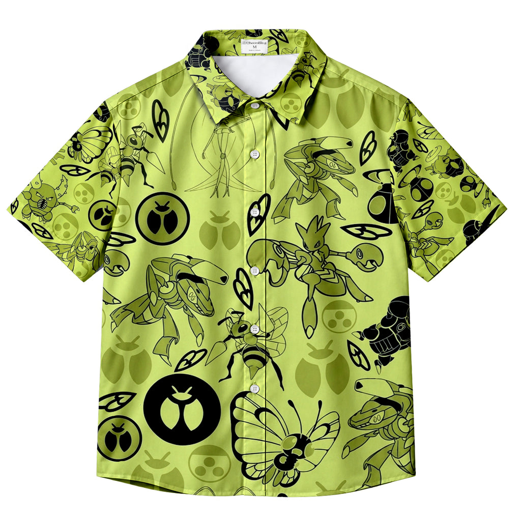 Pokemon Bug Type Insect Character Pattern Short Sleeve Button-Up Shirt