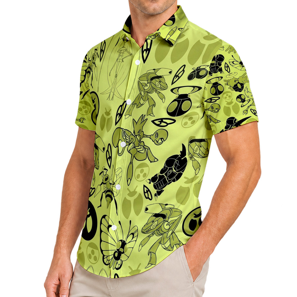 Pokemon Bug Type Insect Character Pattern Short Sleeve Button-Up Shirt