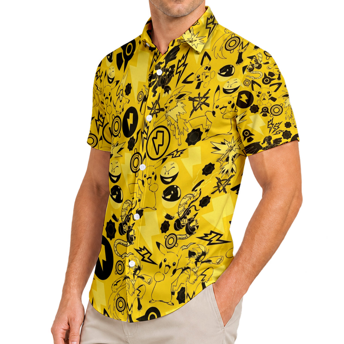 Pokemon Pikachu Jolteon Electric Type Character Pattern Short Sleeve Button-Up Shirt