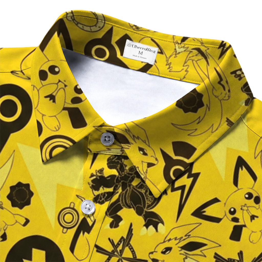 Pokemon Pikachu Jolteon Electric Type Character Pattern Short Sleeve Button-Up Shirt