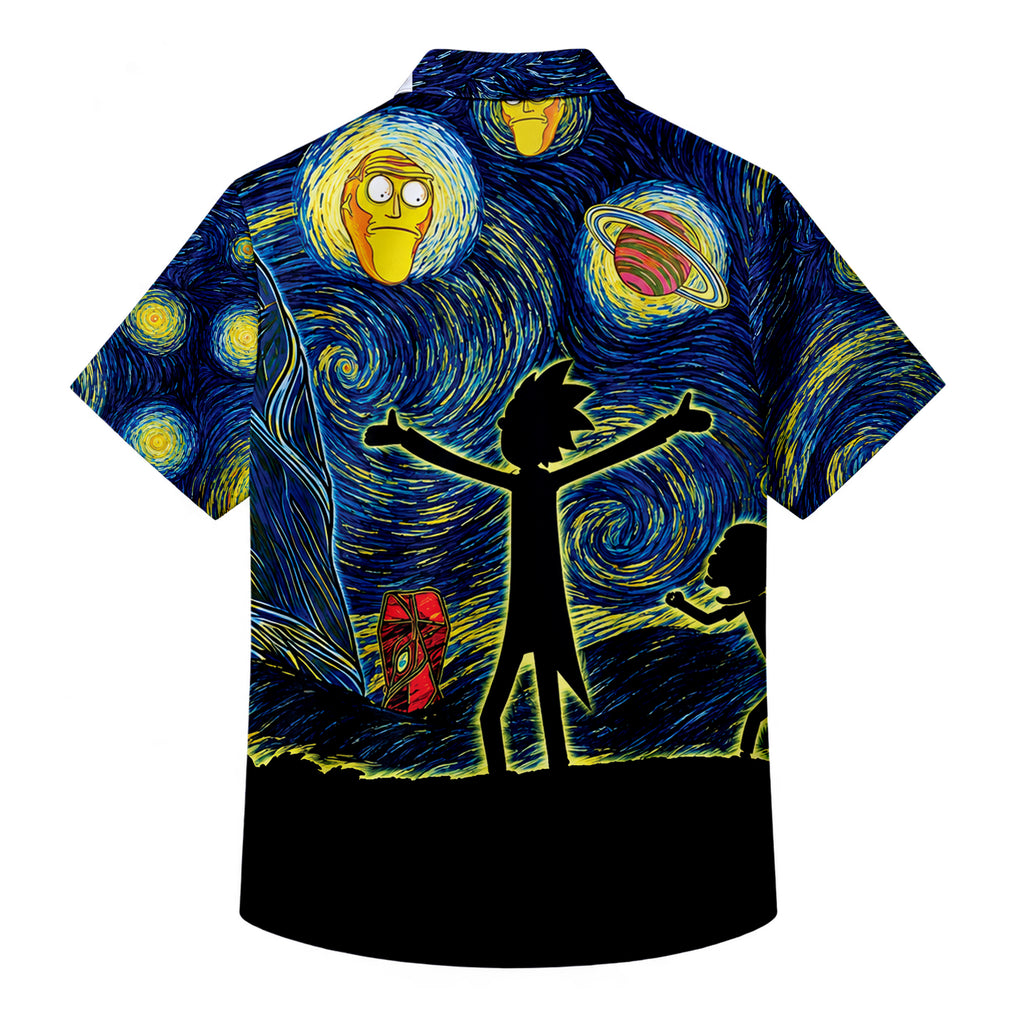 Rick and Morty Starry Night Space Art Pattern Short Sleeve Button-Up Shirt