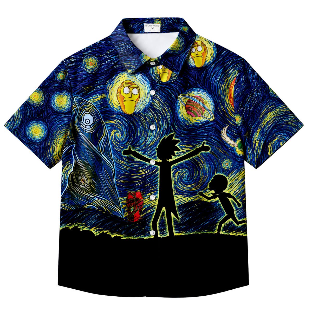 Rick and Morty Starry Night Space Art Pattern Short Sleeve Button-Up Shirt