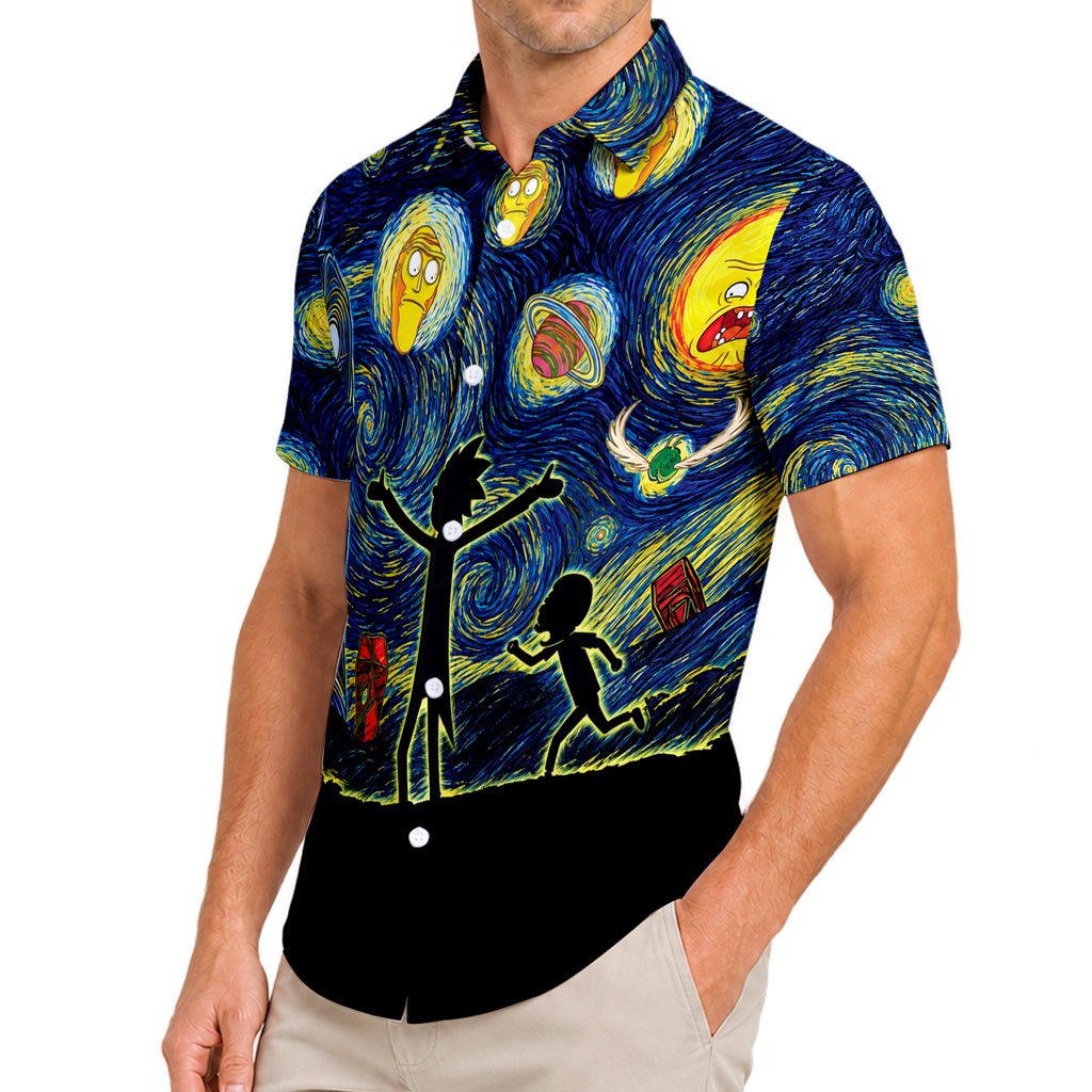 Rick and Morty Starry Night Space Art Pattern Short Sleeve Button-Up Shirt