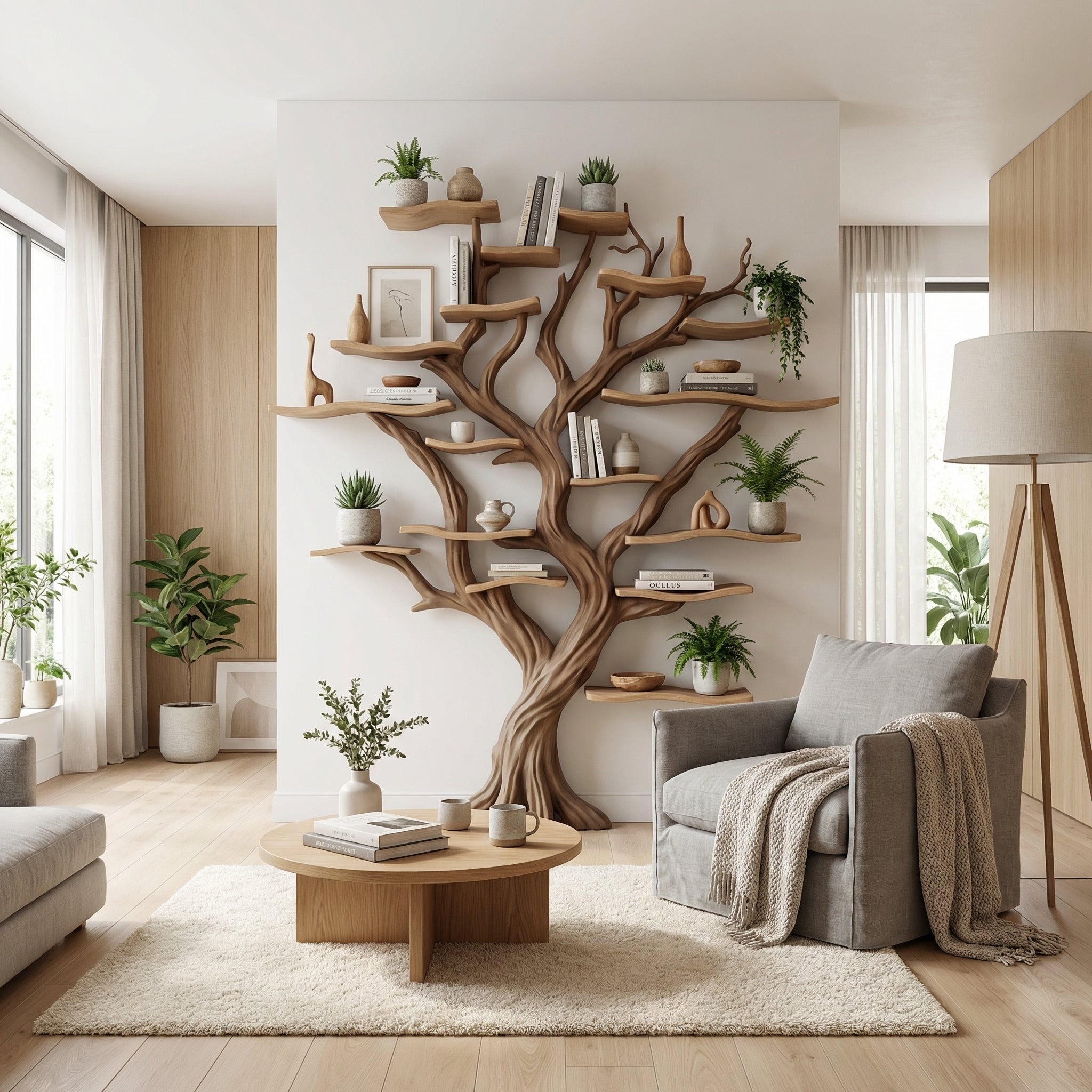 Tree Branch Bookshelf Decor Solid Wood Carving SINLTB014