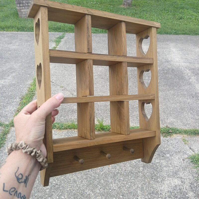 Trinket shelf, wooden heart shelf, heart shelf with pegs, wooden shadow box, Rustic heart shelf, trinket shelf with pegs, heart wall shelf