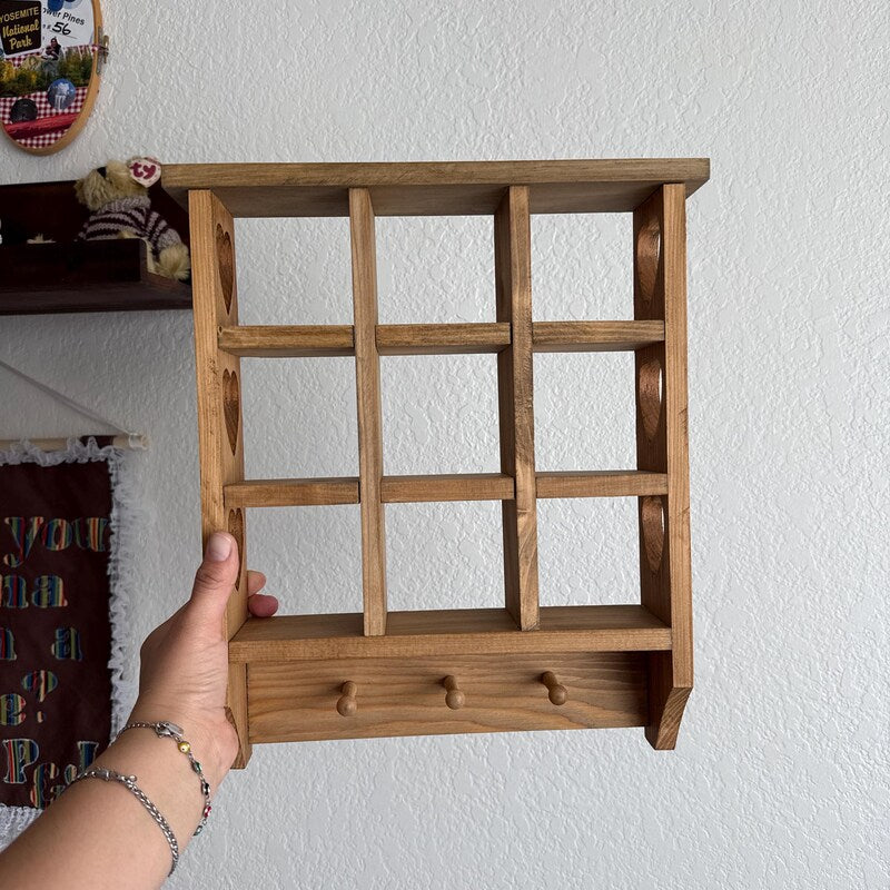 Trinket shelf, wooden heart shelf, heart shelf with pegs, wooden shadow box, Rustic heart shelf, trinket shelf with pegs, heart wall shelf