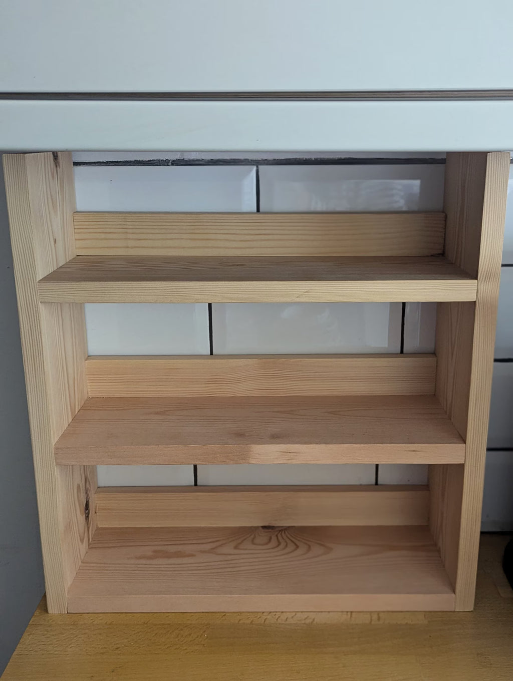 Three tier worktop space saver, storage shelf, countertop storage, display unit, kitchen shelves