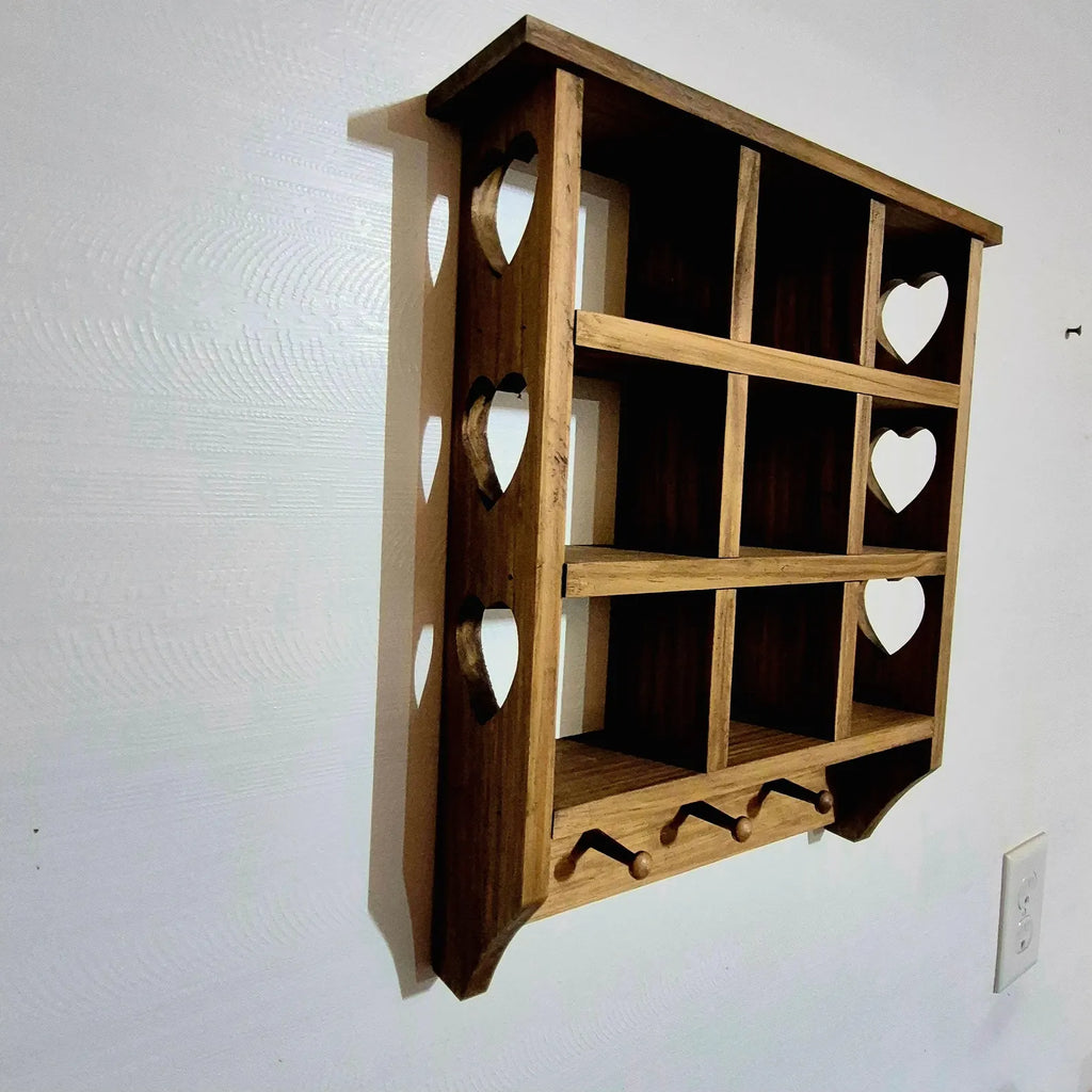Trinket shelf, wooden heart shelf, heart shelf with pegs, wooden shadow box, Rustic heart shelf, trinket shelf with pegs, heart wall shelf