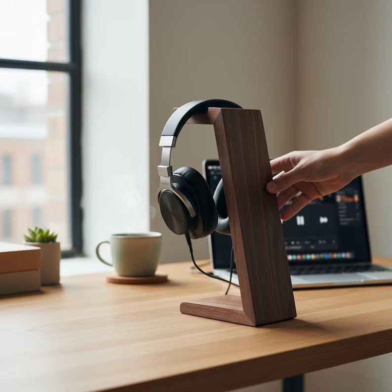 Handmade Walnut Headphone Stand, Desk Headphone Holder, Audiophile Gamer Gift