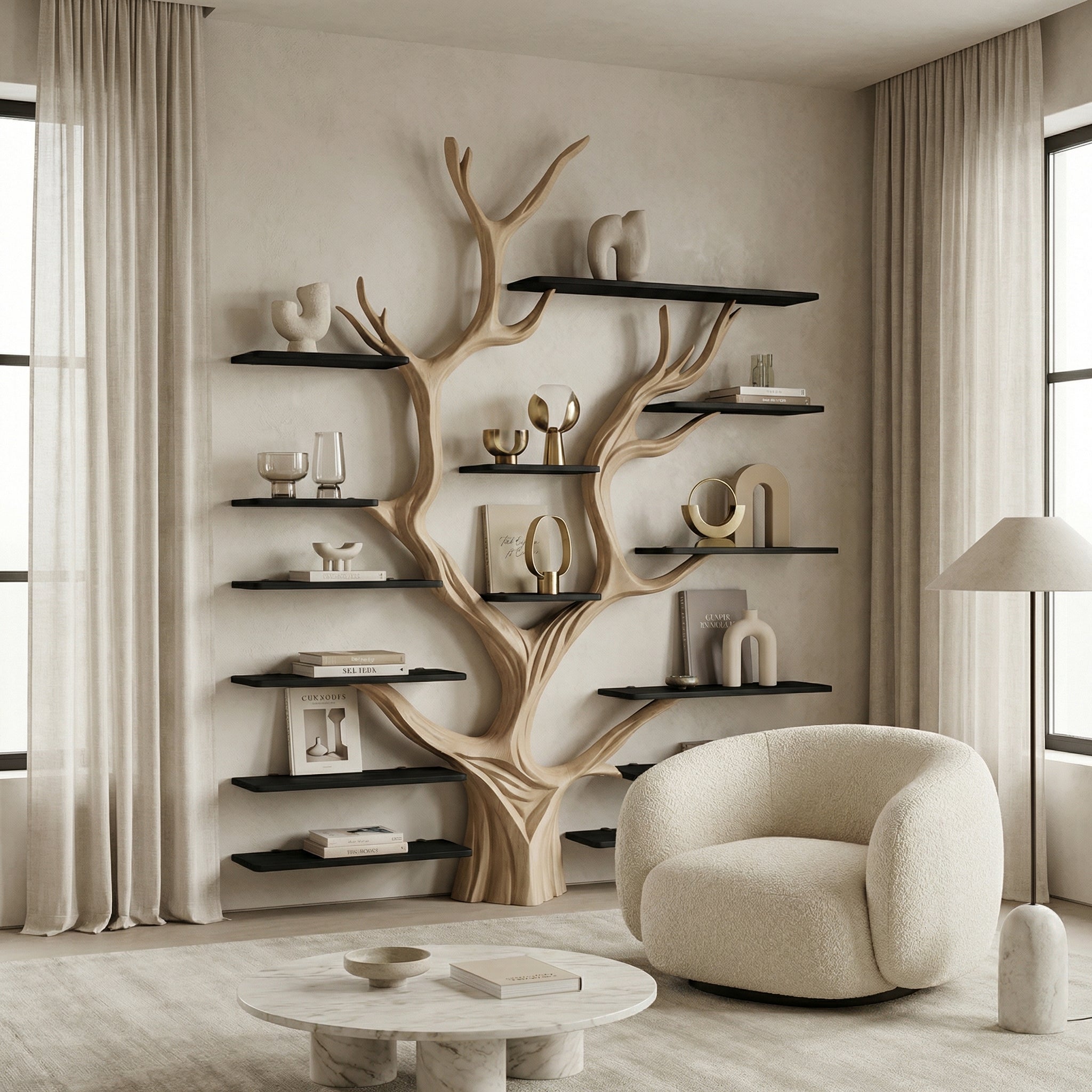Sculptural Tree Bookcase - Artisan Tree-Inspired Wall Unit SINLSATB179